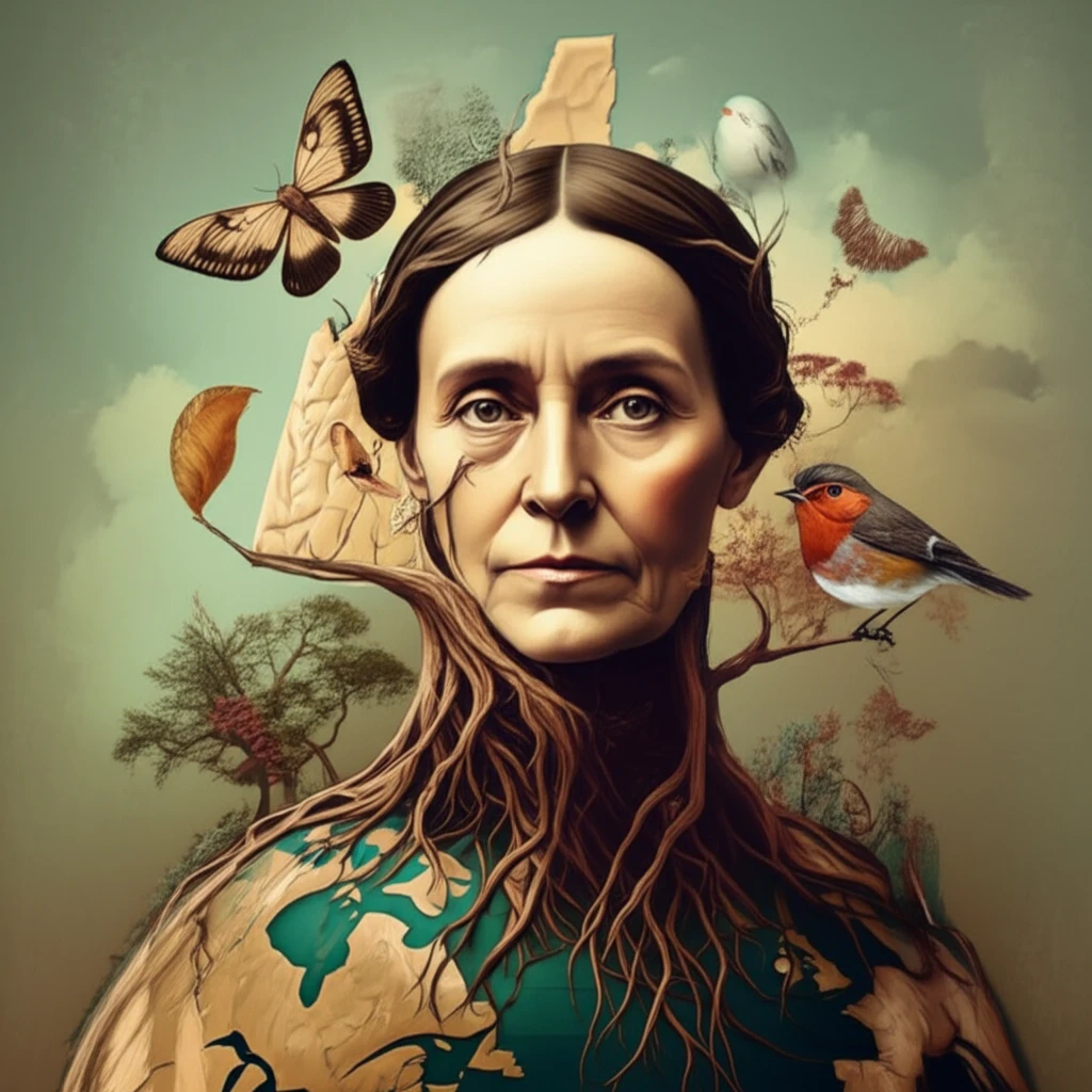 Surreal illustration of Emily Dickinson's face within a map of New England, symbolizing her vibrant regionalism.