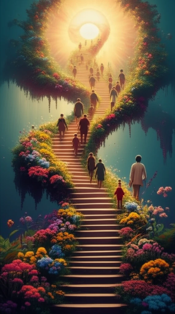 People ascending a staircase of herbs and flowers toward a glowing sun, symbolizing knowledge and well-being in integrative medicine.