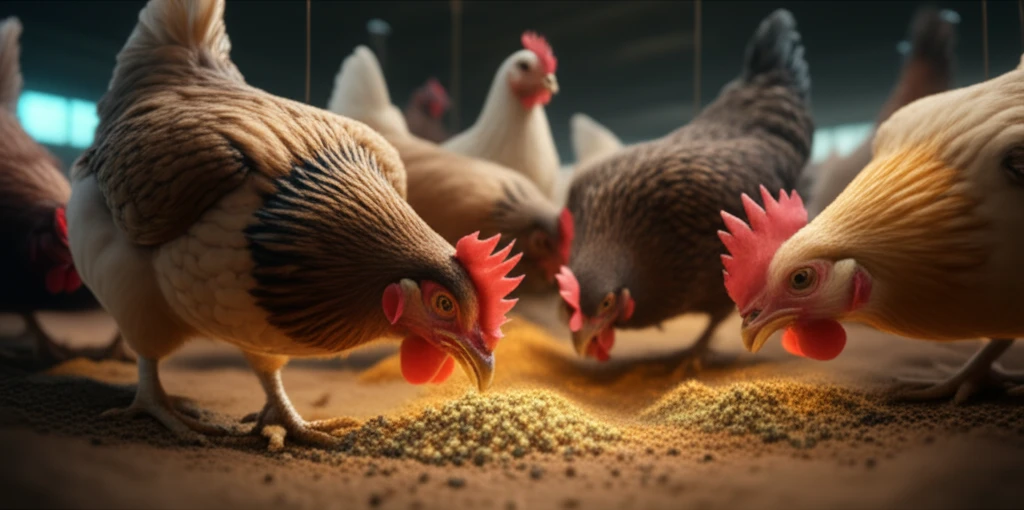 Chickens in a futuristic farm eating zinc-enriched feed.