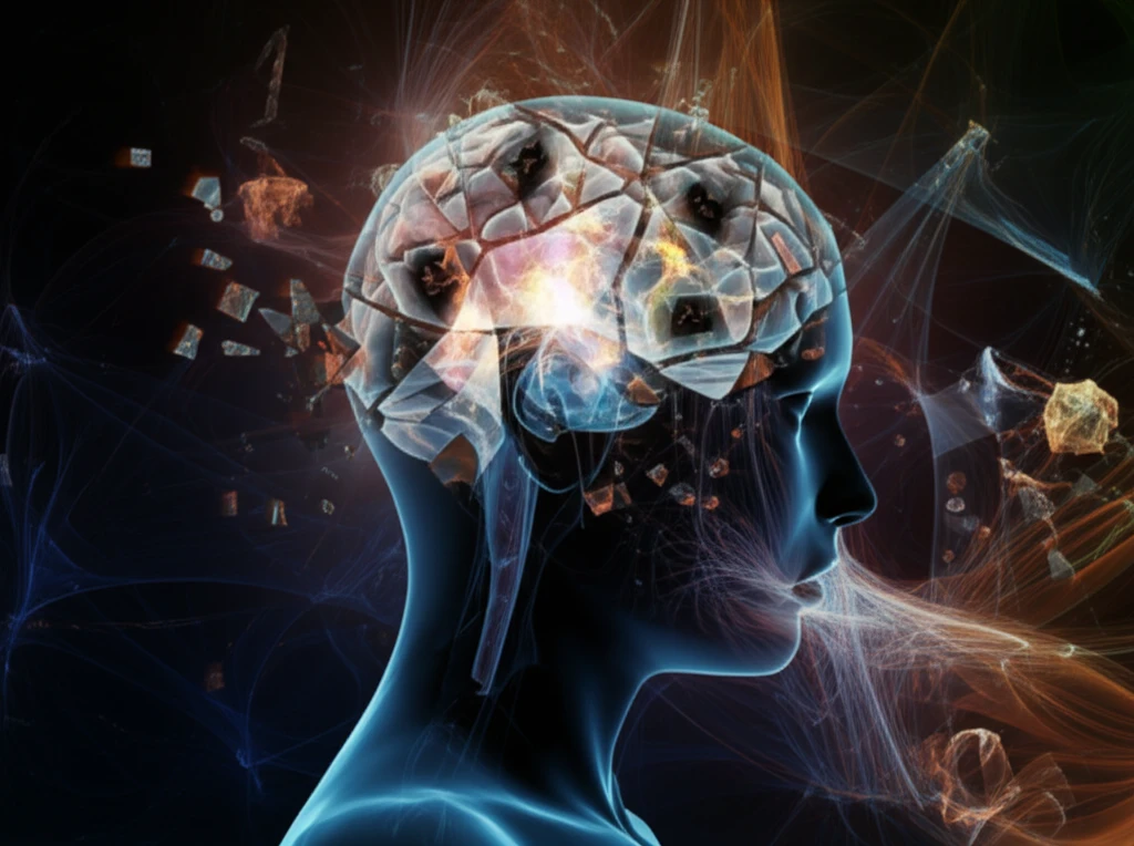 Surreal illustration of a mind disrupted by panic disorder, showing shattered memories and tangled brainwaves.