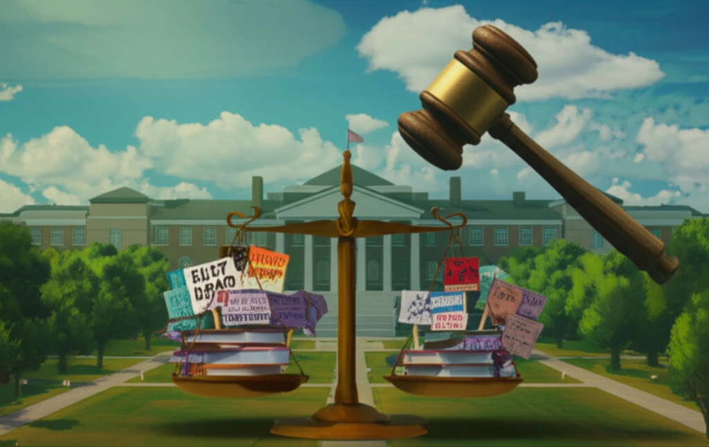 Symbolic image of legal balance on a college campus