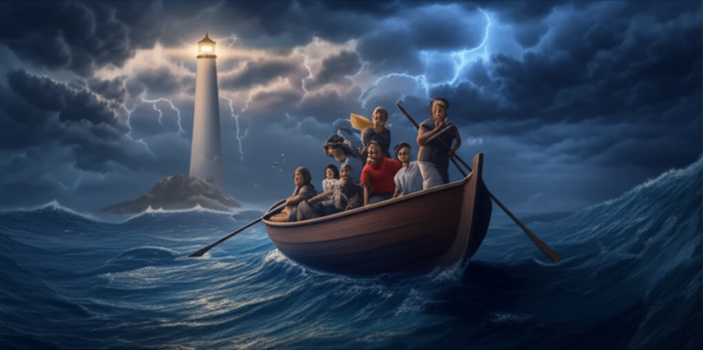 Diverse students navigate stormy seas towards a lighthouse representing global education.