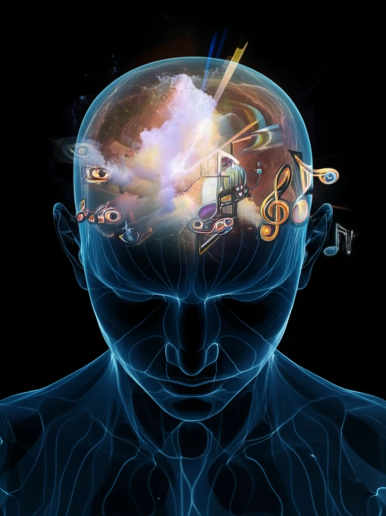 Brain with interwoven visual and auditory symbols representing multisensory integration.