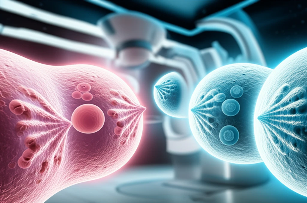 Digital illustration showing breast cancer cell division into different molecular subtypes, against a radiotherapy background, representing personalized treatment decisions.