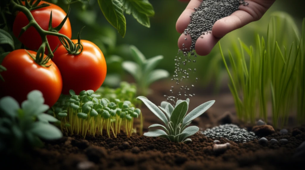 Surreal illustration of a garden where sage influences the growth of tomatoes, grass, and chia.
