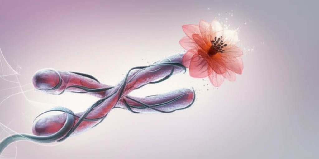 Chromosome intertwined with a blooming flower, symbolizing hope and overcoming cancer