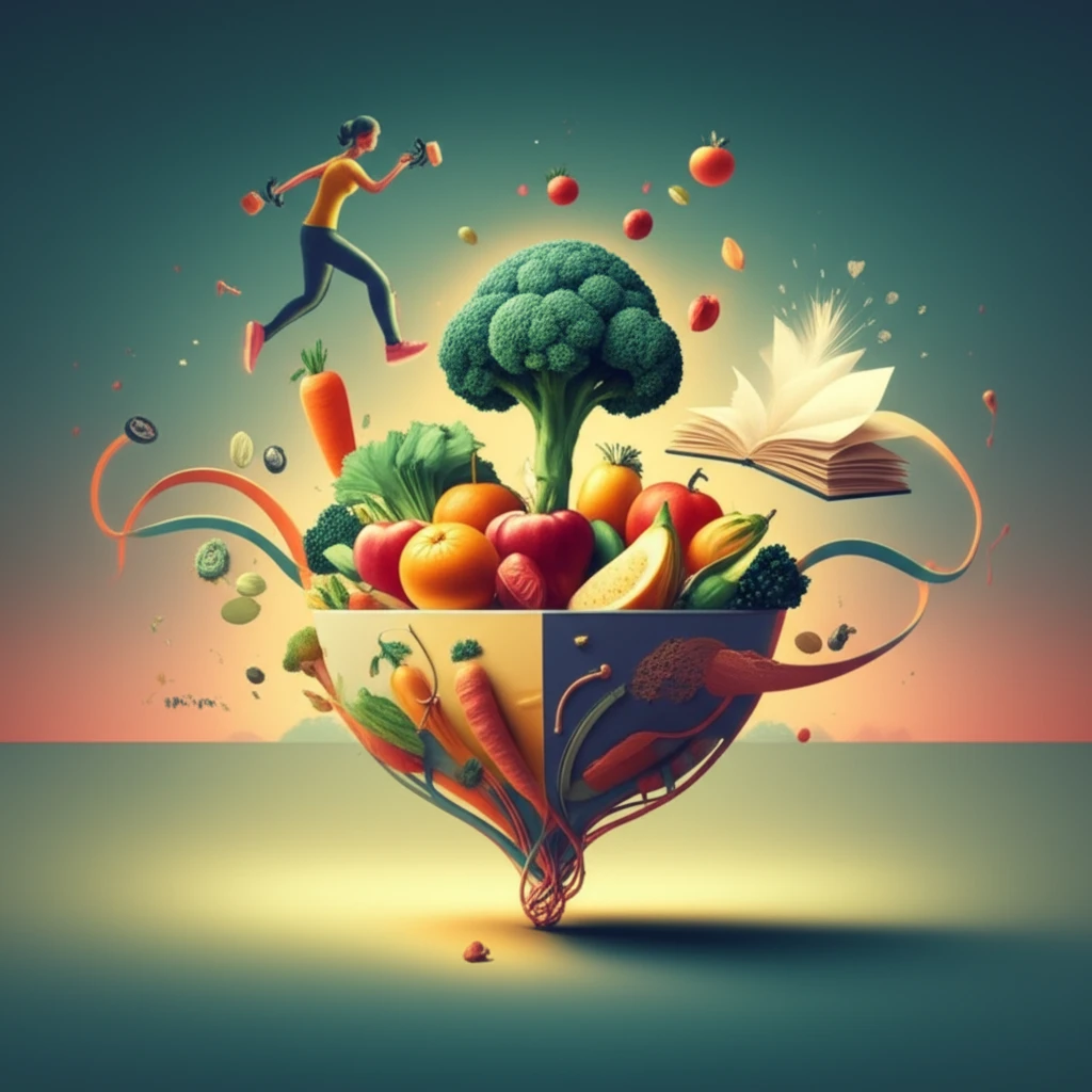 Interconnected lifestyle choices leading to healthy eating.