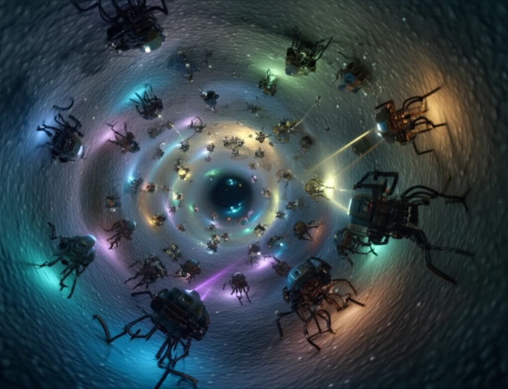 Microscopic robots inside a cell activated by light, representing targeted drug delivery.