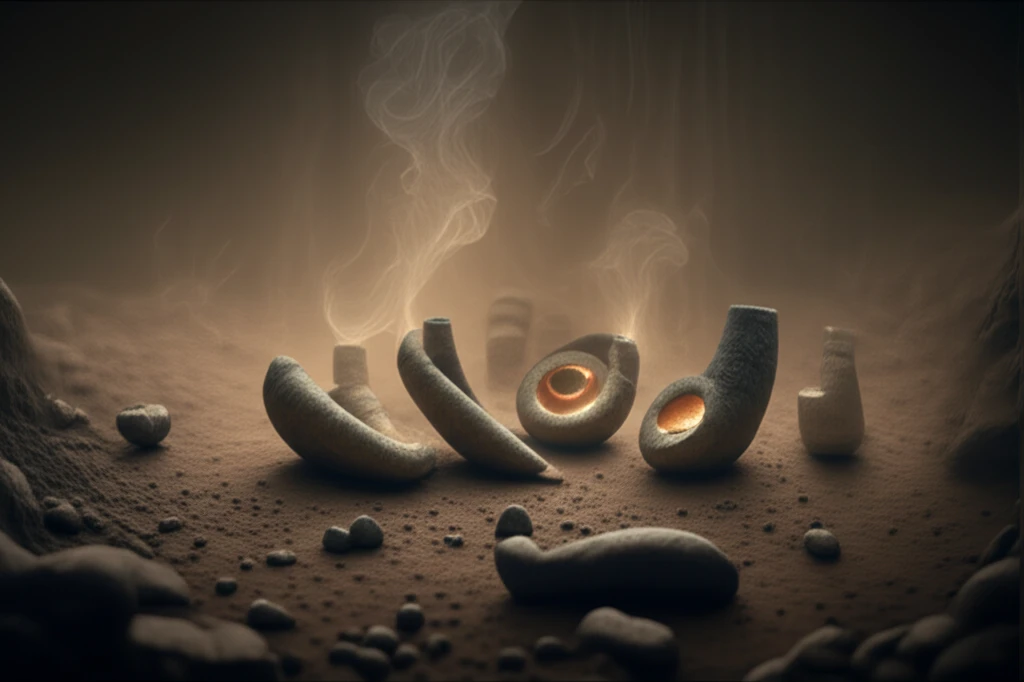 Ancient stone pipes emitting smoke, revealing indigenous history.