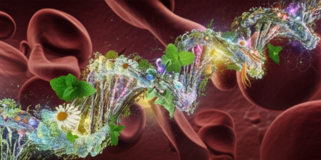 DNA strand entwined with medicinal herbs and glowing orbs, set against a backdrop of bone marrow cells.