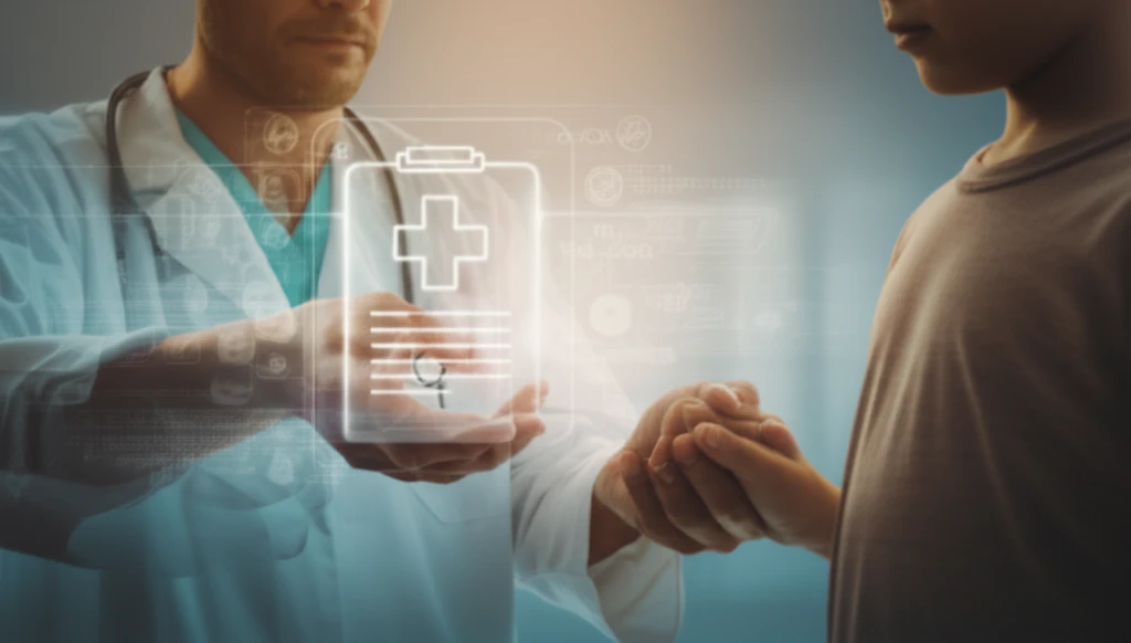 Doctor holding child's hand with medical record in background