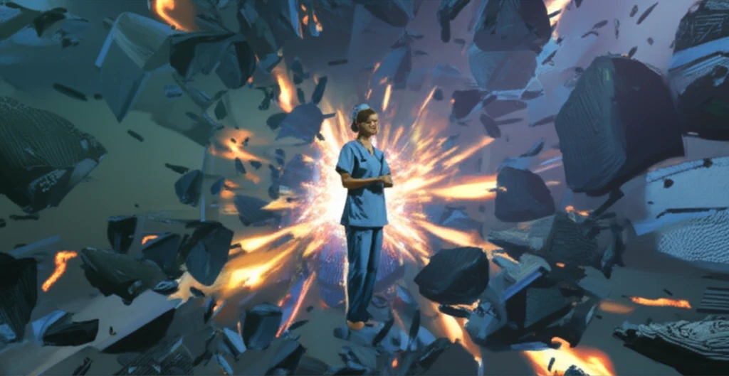 A nurse stands strong amidst abstract shapes representing workplace violence.