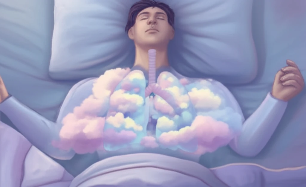 A person sleeping with lungs and clouds interwoven