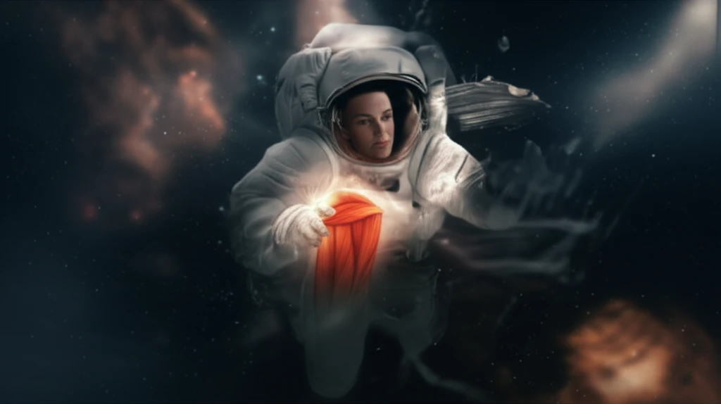 Astronaut reaching for a glowing shoulder muscle in space.