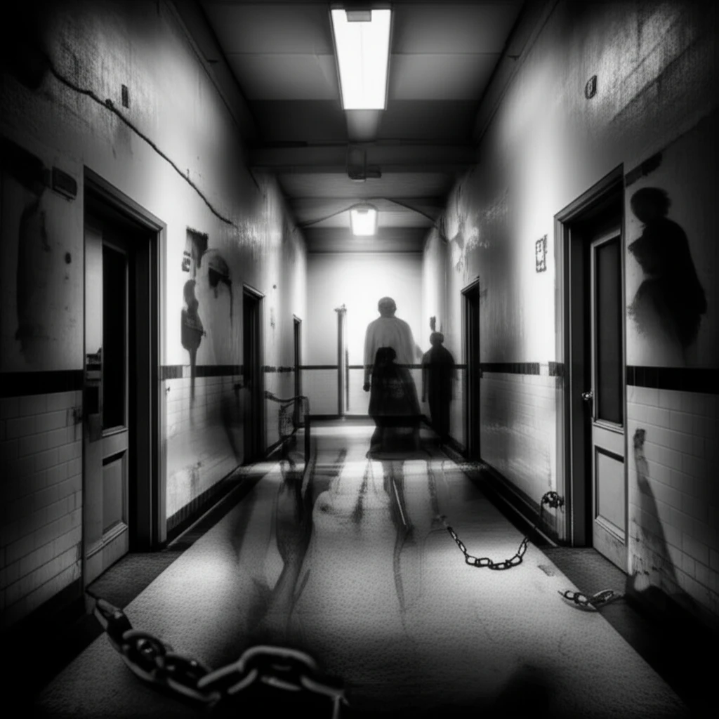 Ghostly figures in an old mental asylum hallway, representing the untold stories of Aboriginal patients.