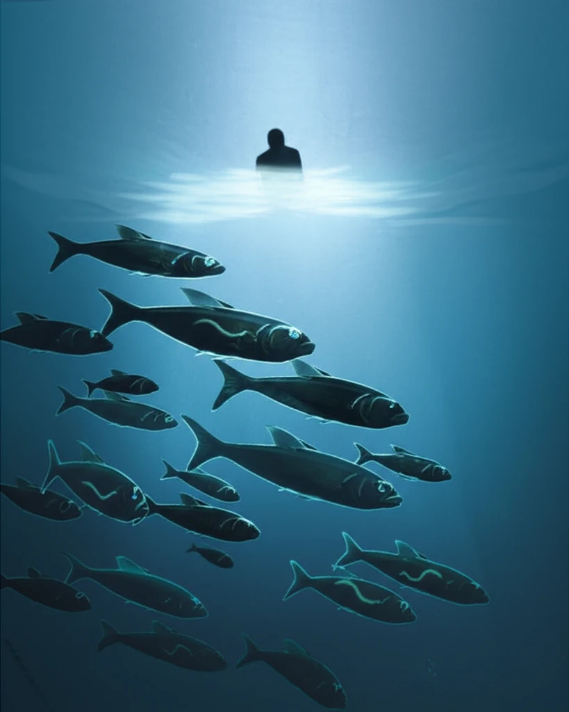 Illustration of fish in the Balearic Sea with glowing parasitic worms inside.