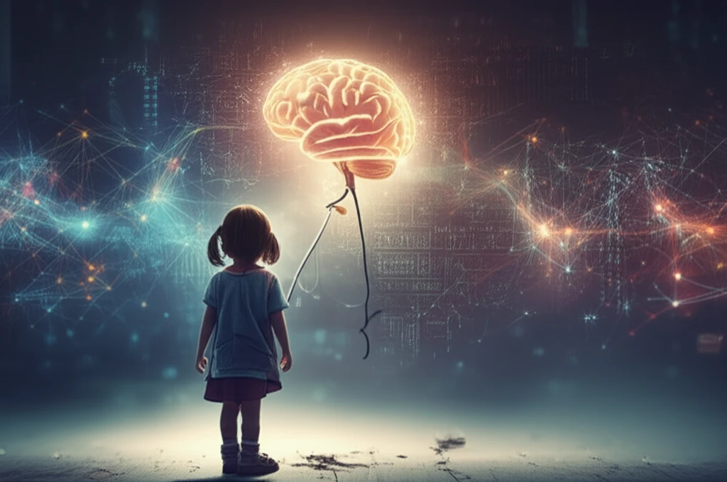 Child holding a glowing brain balloon, symbolizing hope in medulloblastoma treatment.