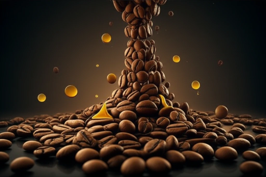 Surreal illustration of coffee beans transforming into urine droplets, symbolizing the measurement of caffeine biomarkers in urine.