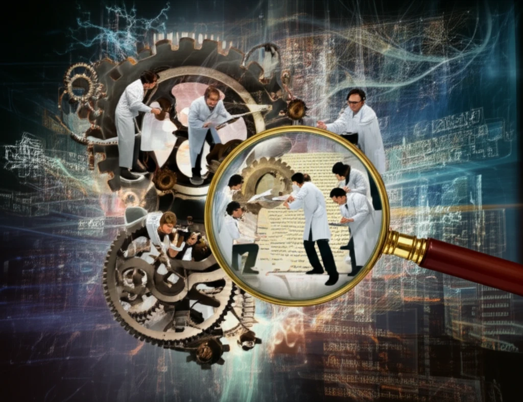 Illustration of scientists reviewing a scientific manuscript.