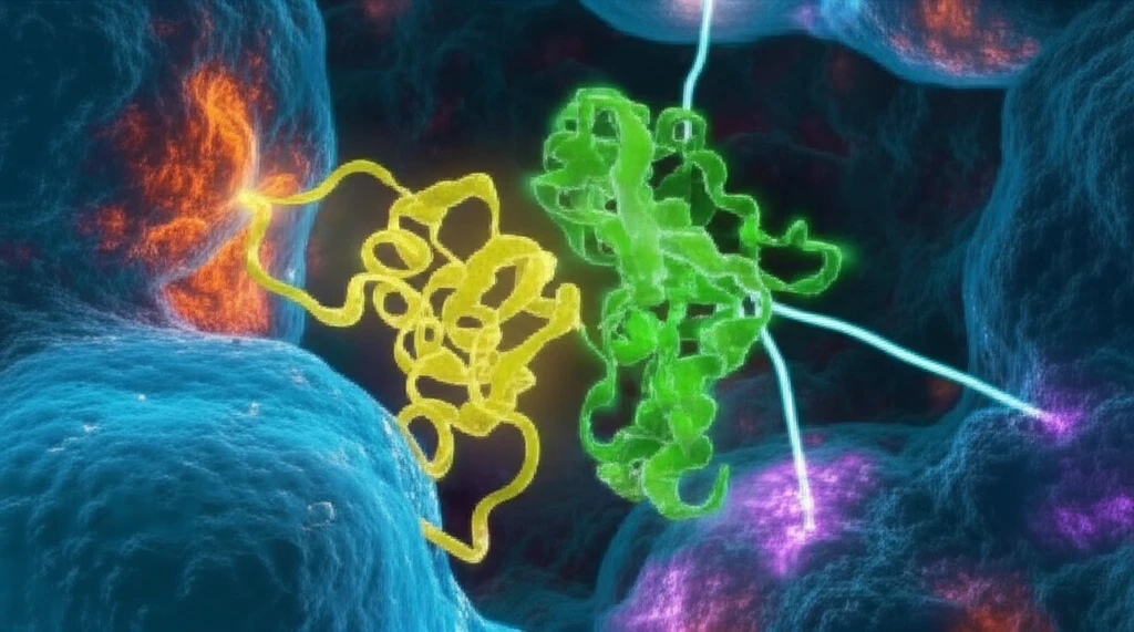 Illustration of a flexible protein interacting with a structured protein, symbolizing dynamic cellular signaling.