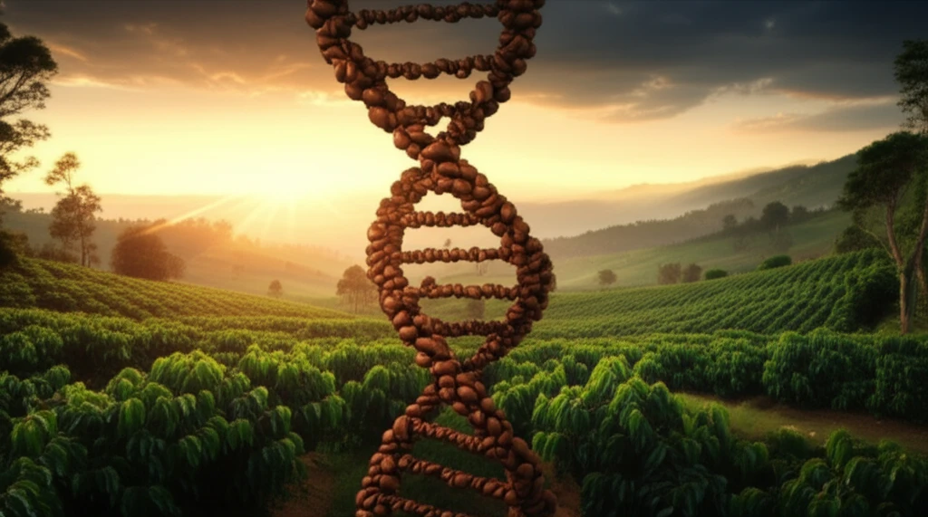 Coffee beans in a DNA helix shape representing genetic potential.