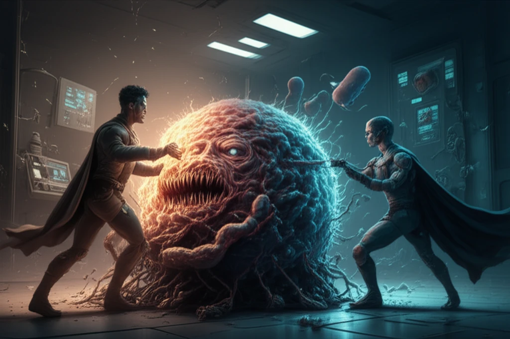 Daptomycin and Colistin superheroes fighting resistant bacteria.
