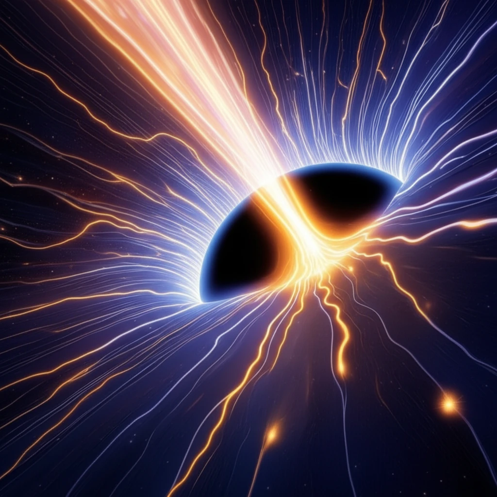 Visualization of a galactic jet with magnetic field lines and relativistic particles near a black hole.