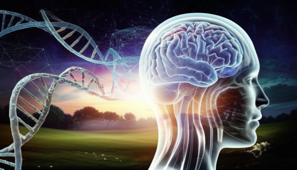 Surreal illustration depicting the link between genetics, mental health, and quality of life in sickle cell disease.