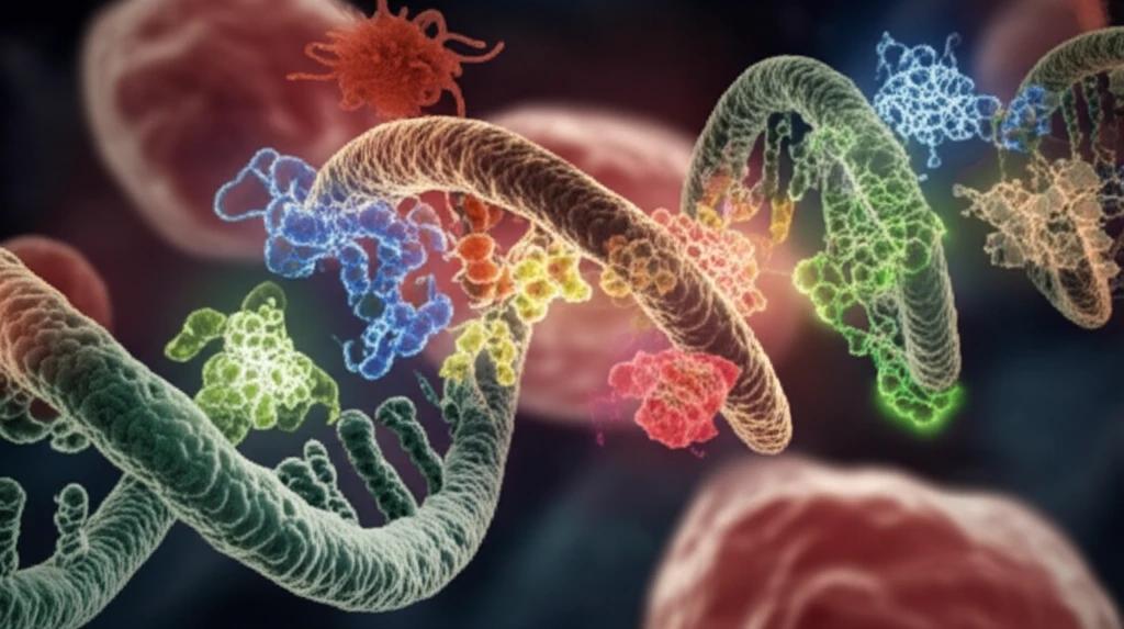 Illustration of LINE-1 RNA and PSF protein interaction in cancer cells.