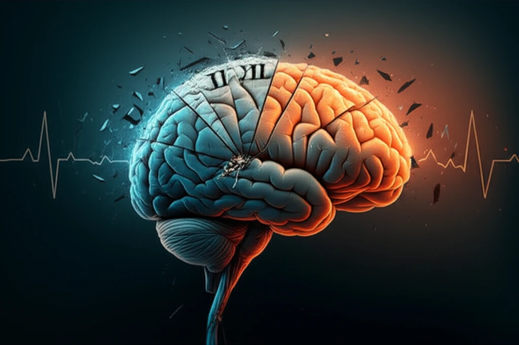 Fractured clock face over a human brain, symbolizing stroke treatment timing decisions.