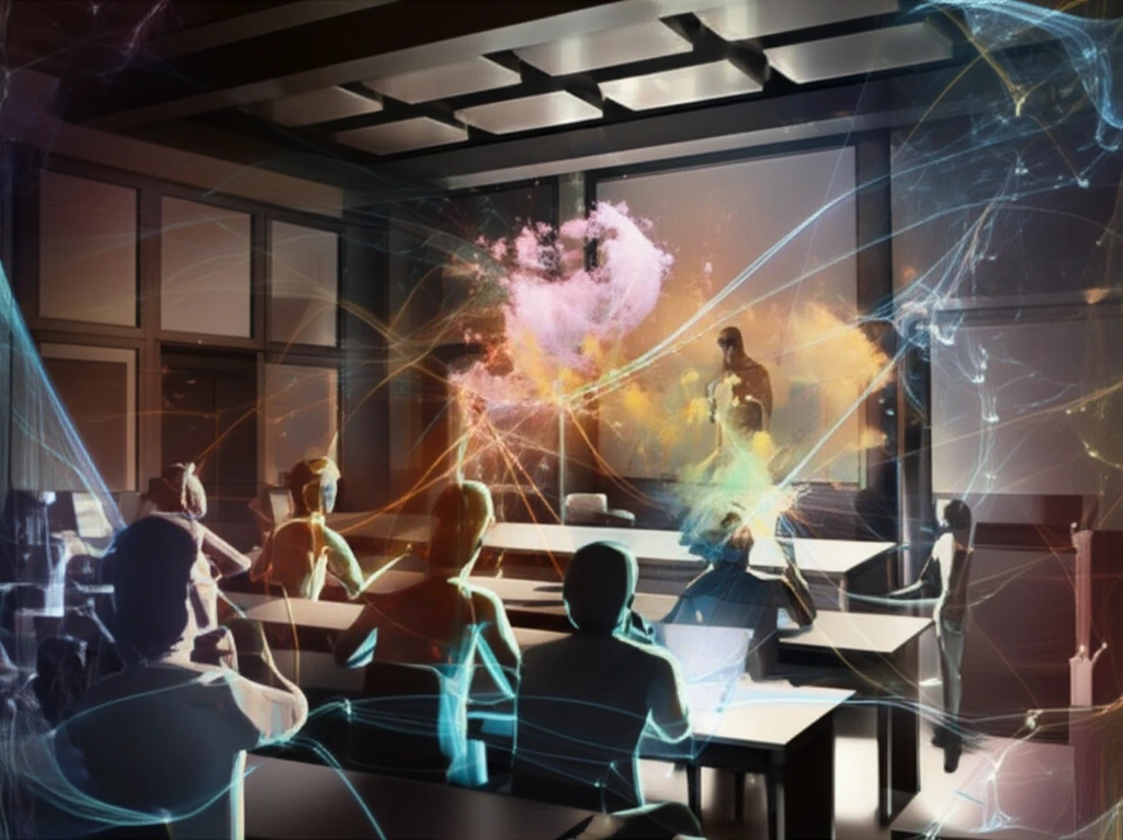 Surreal illustration of a medical classroom with glowing threads connecting students and teachers, symbolizing a positive learning environment.