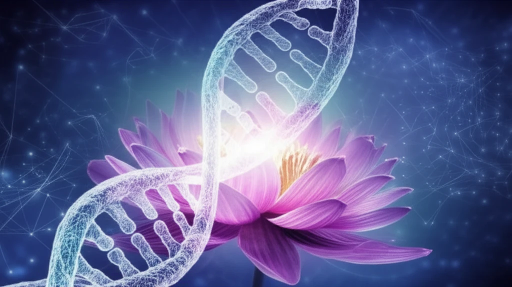 Glowing DNA helix and lotus flower symbolize hope for healing from ovarian cancer.
