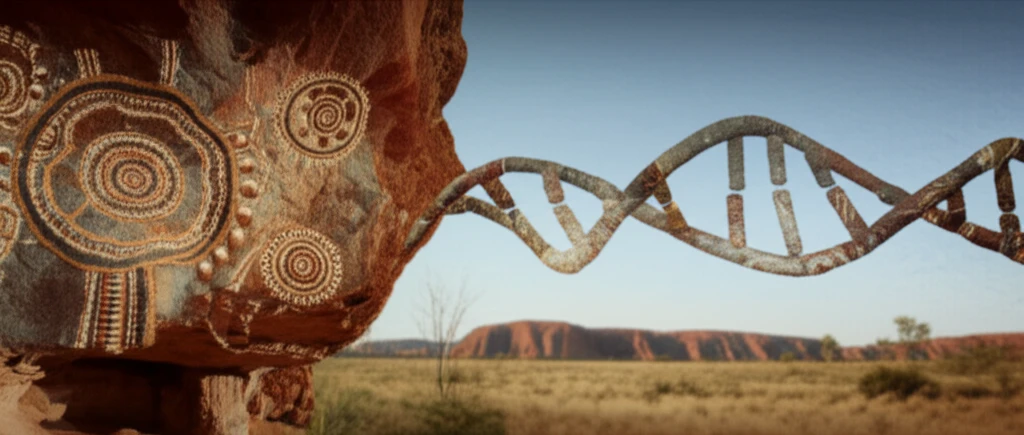 Ancient Aboriginal rock art merging with a DNA helix, representing the link between ancestry and modern science.