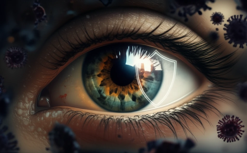 Illustration of a protective shield around a cornea, defending against free radicals.