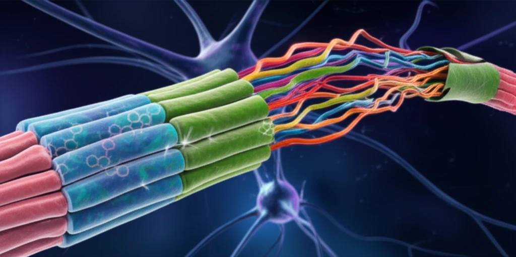 Microscopic view of healthy and damaged nerve fibers, illustrating the role of PMP22 in myelin organization.