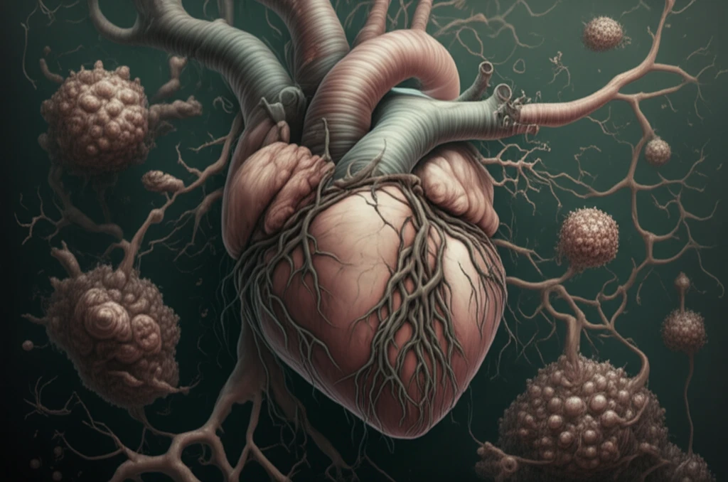 Illustration of a heart intertwined with tumor-like roots, symbolizing the connection between congenital heart disease and tumor development.