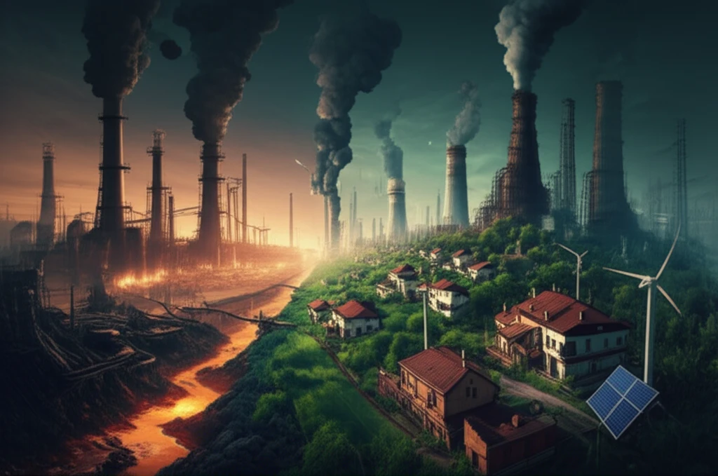 Image illustrating the contrast between polluted industrial areas and healthy green communities, highlighting environmental injustice.