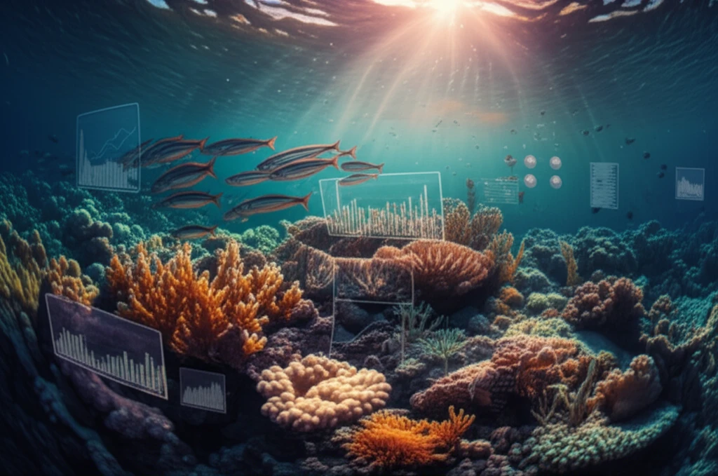 Sardine school amidst coral, overlaid with data charts.