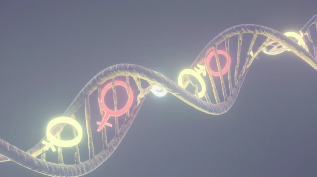 Surreal illustration of genomic imprinting with intertwined DNA strands and parental symbols.