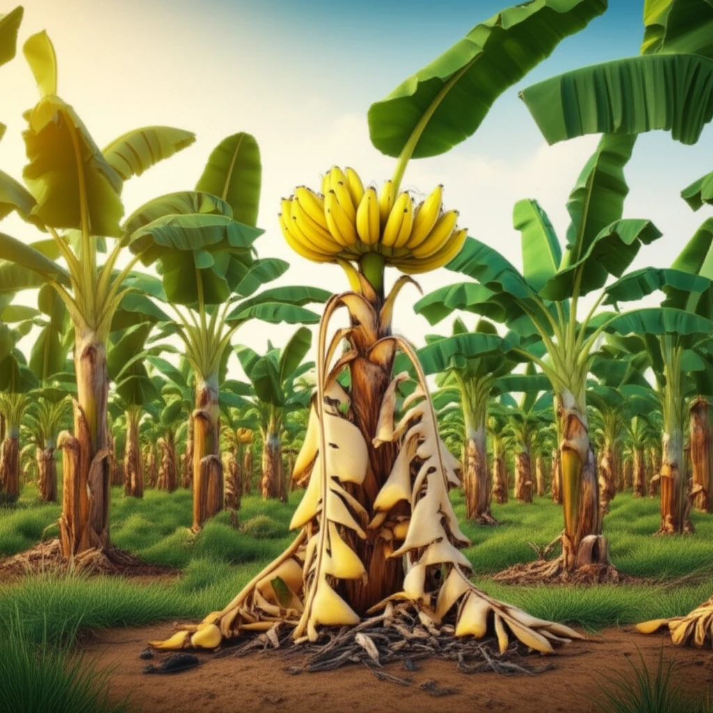 Banana plants affected by Banana Streak Virus surrounded by healthy plants.