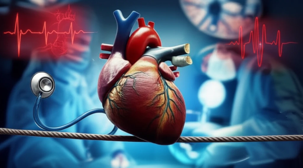 Balancing heart on a tightrope symbolizing heart health management.