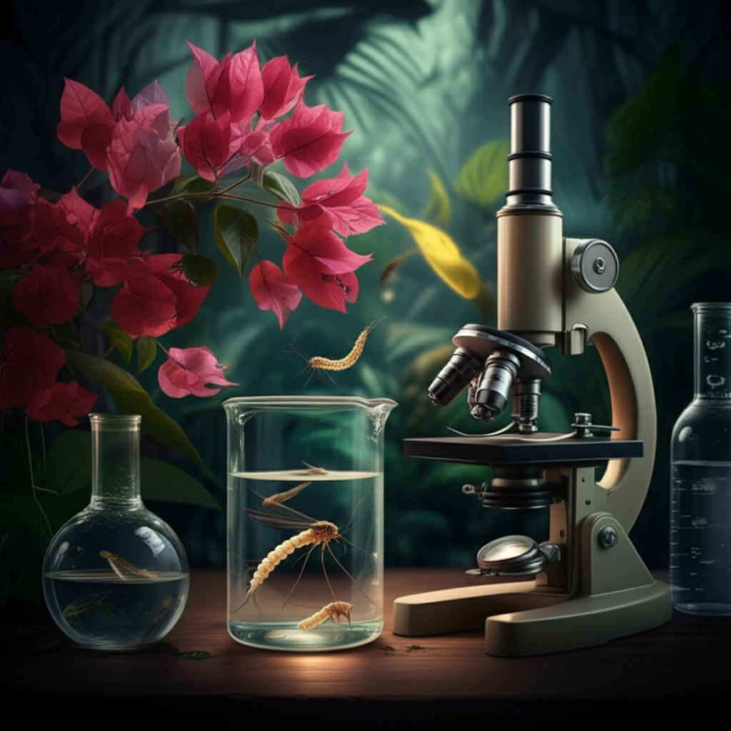 Bougainvillea flowers and mosquito larvae symbolizing natural dengue control research.