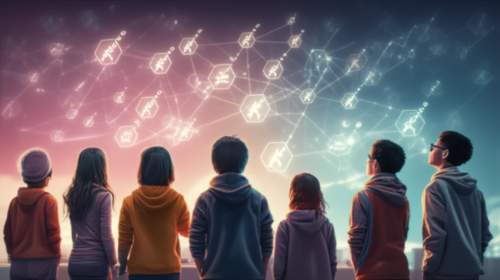 Teenagers learning about vaccines with a glowing web of knowledge surrounding them.