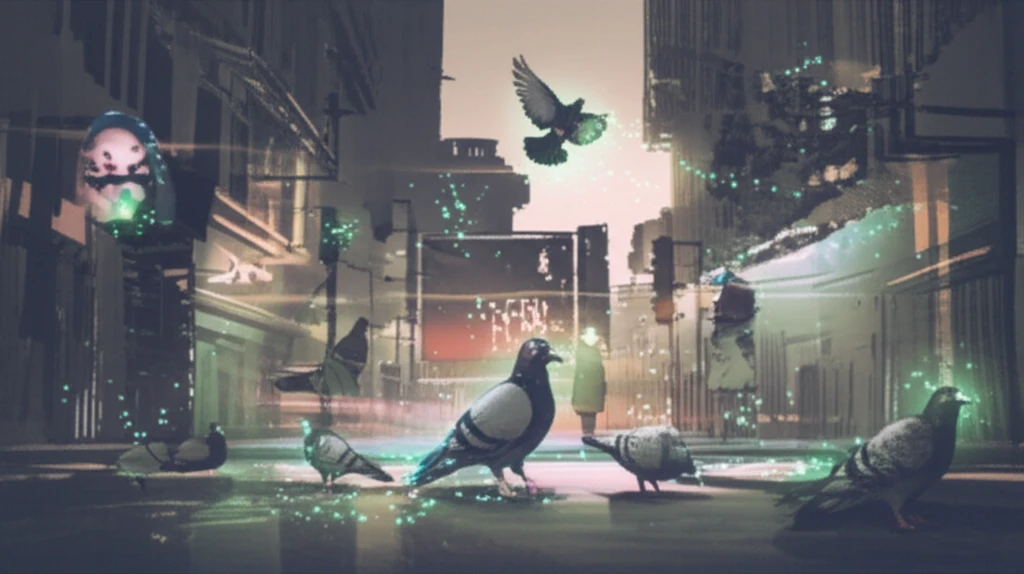 Urban landscape with pigeons and fungal spores, highlighting health risks