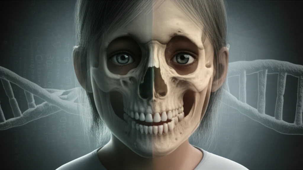 Digital illustration of a child's face transforming into an X-ray, revealing extra teeth and bone structures, symbolizing Cleidocranial Dysostosis diagnosis.