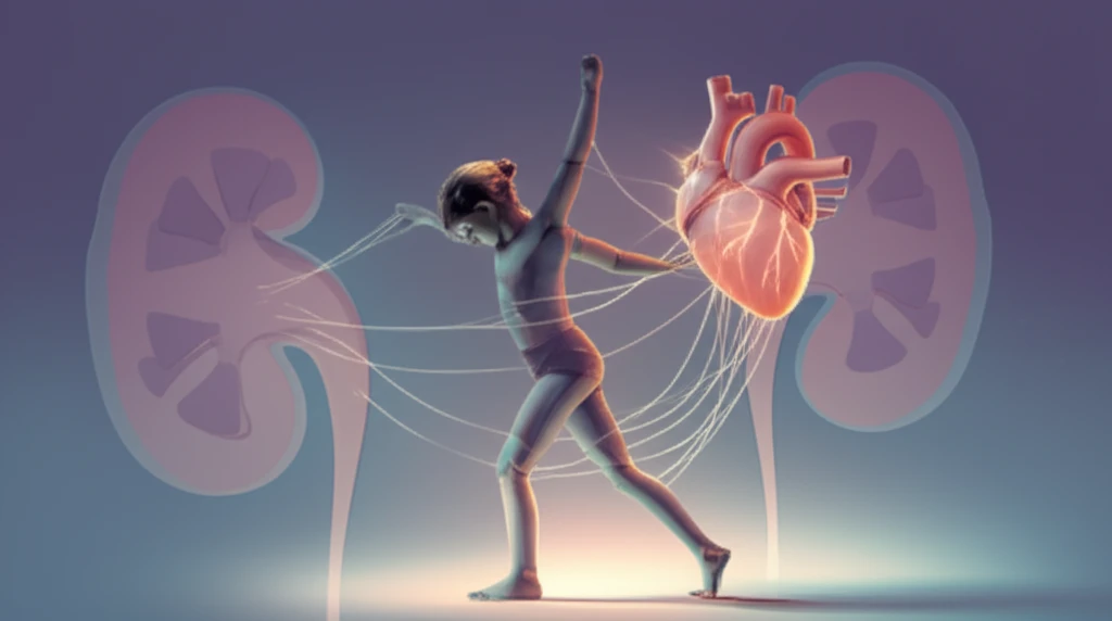 Child dancing with kidney and heart silhouettes representing the link between Sydenham's Chorea and potential kidney involvement.