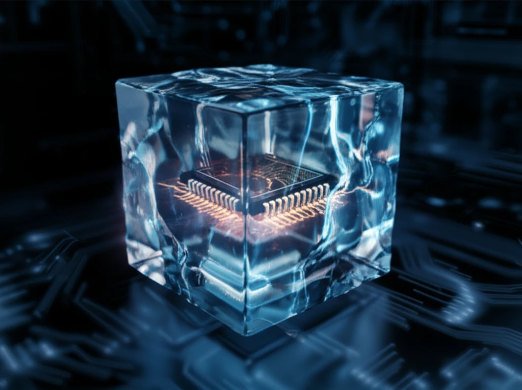 Microchip surrounded by phase change material, illustrating heat dissipation.