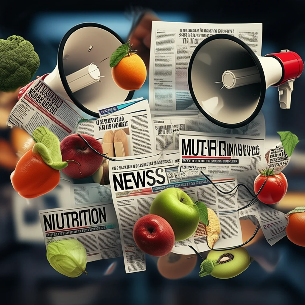 A chaotic scene representing misinformation in nutrition news, with food items, megaphones, and scattered headlines.