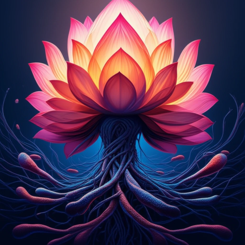 Lotus flower emerging from chromosomes, symbolizing resilience in ovarian cancer.