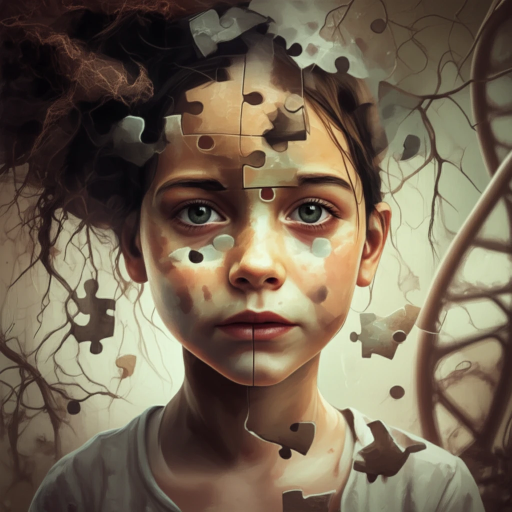 Digital illustration of a child's face as a puzzle, symbolizing the complex genetic and environmental factors in emotion recognition.